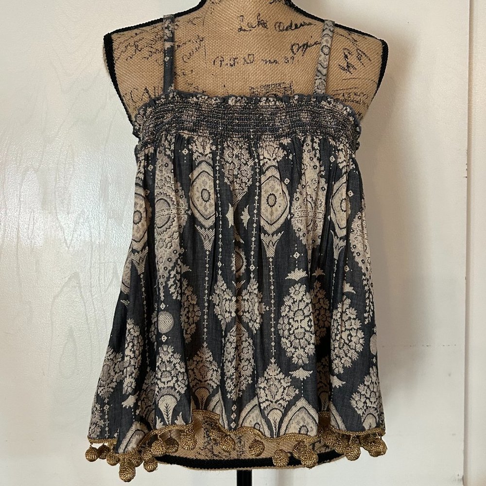 RAGA Smocked Tank Top with Gold Trim at the Hem. Size L.